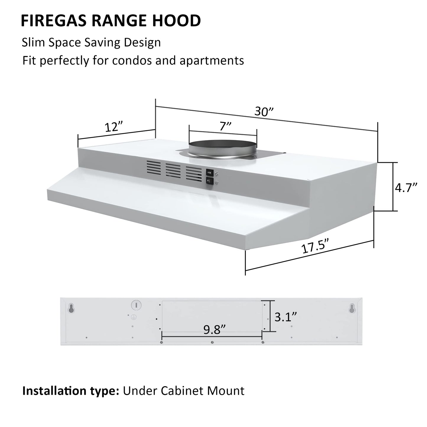 FIREGAS Range Hood 30 inch Under Cabinet Range Hood with 2 Speed Exhaust Fan,Ducted/Ductless Convertible,Rocker Button Control,300 CFM, White Vent Hood Aluminum Filter Included