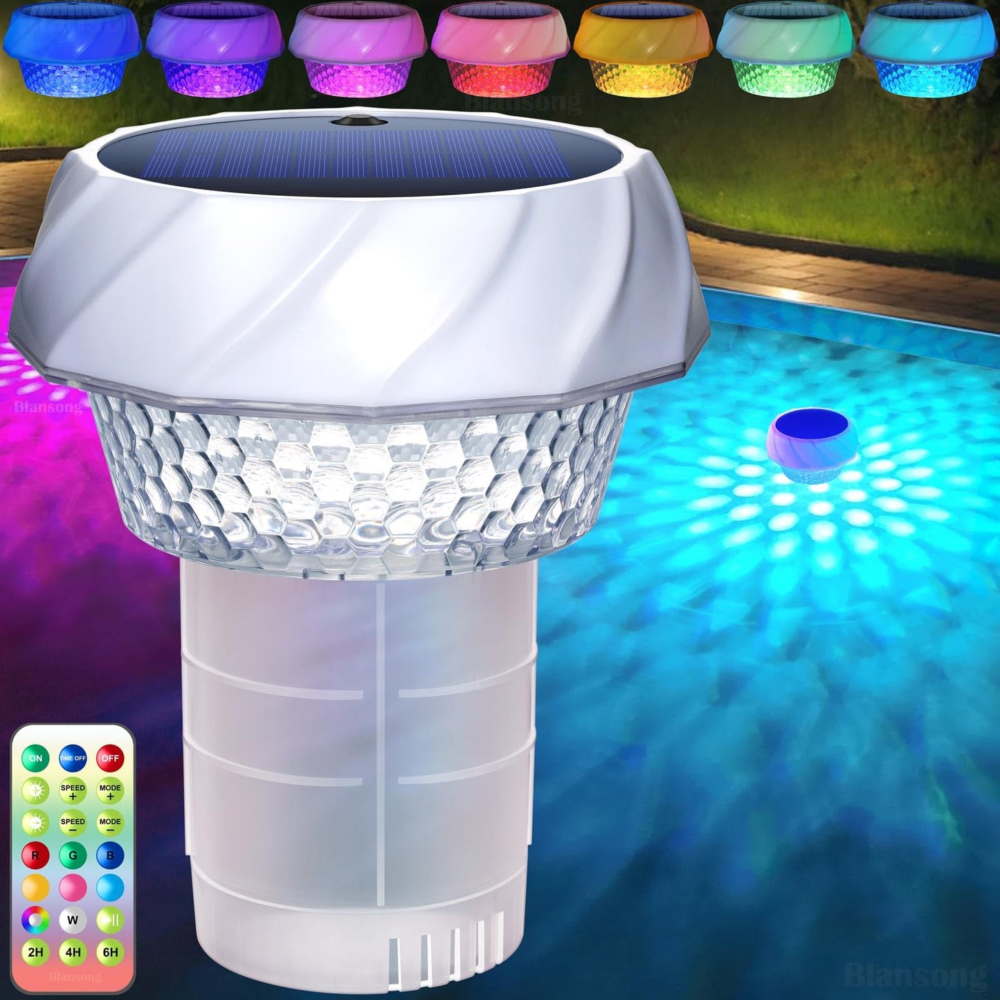 Blansong Solar Pool Chlorine Floater Adjustable Release Swimming Pool Chlorine Tablet Floater with Color Changing Floating Dispenser with Romote Control and Timer IP68 Waterproof