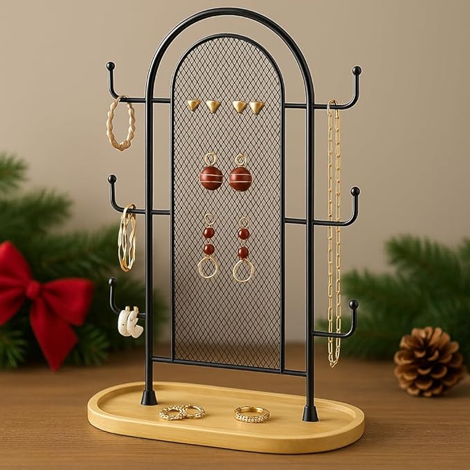 Jewelry Holder Organizer Earring Display - Stands Earring Storage Earring tree Hanger Jewelry Towers Rack with 6 Hooks 300 Stud Holes Wood Tray for Necklaces Bracelets Rings
