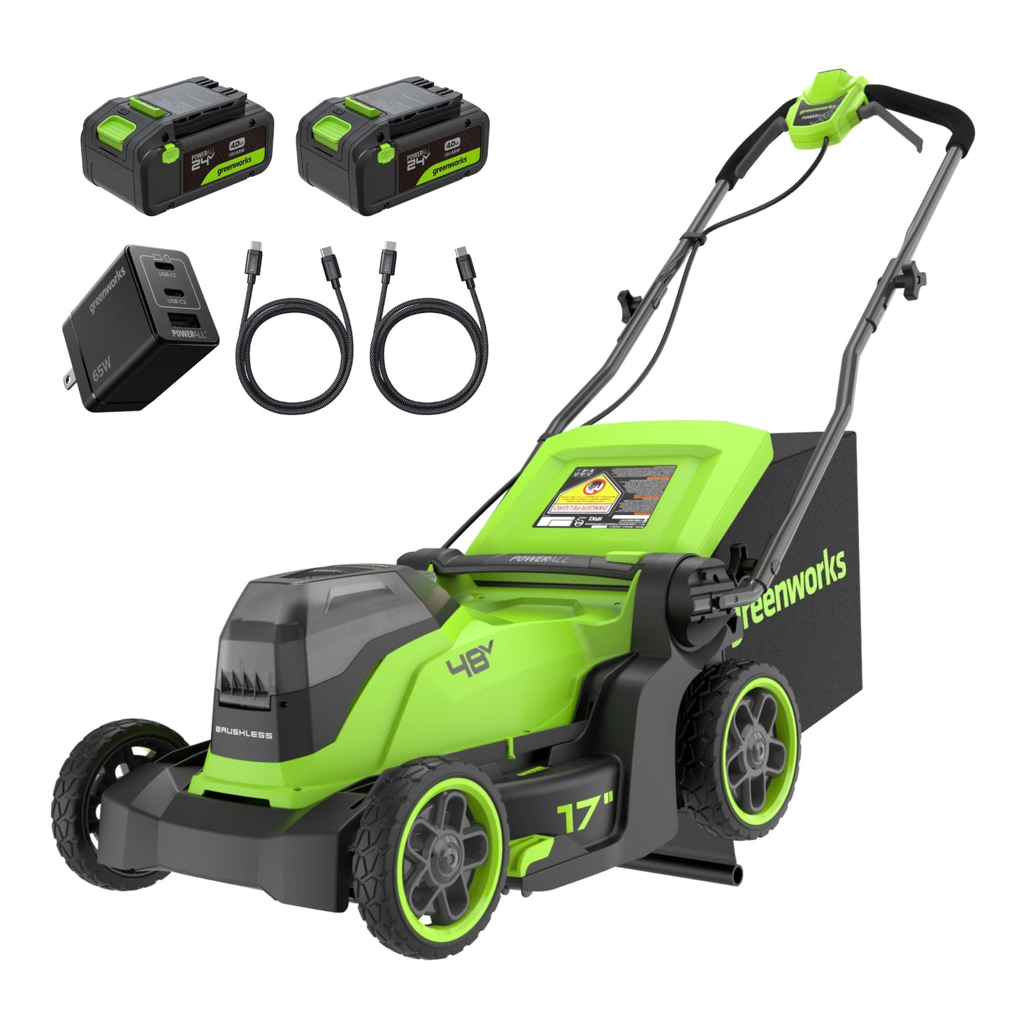 Greenworks 48V (24V x 2) 17" Brushless Push Lawn Mower with (2) 4.0Ah Batteries & 65W Type-C Charger