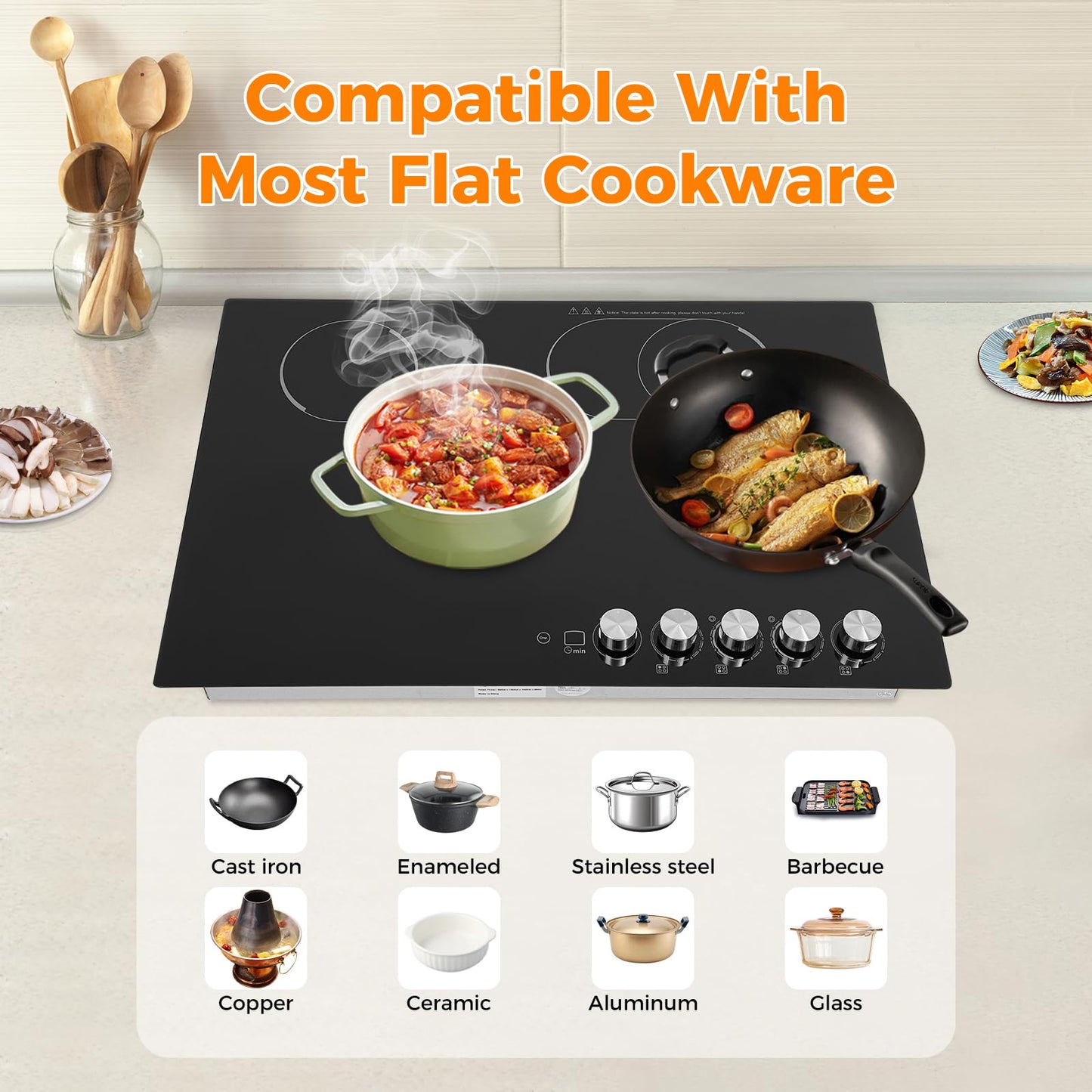 4-Burner Electric Cooktop, 30" x 20" Electric Ceramic Cooktop with Knob Control, 110V 1200W Built-in Stove Top with 0-90mins Timer, for Home, Commercial Kitchen, for Hotel, Restaurant