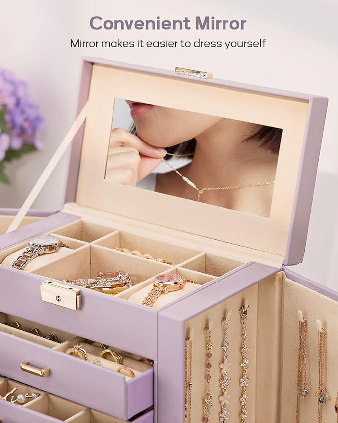 Homde Synthetic Leather Huge Jewelry Box Mirrored Watch Organizer Necklace Ring Earring Storage Lockable Gift Case (Grey Purple + Gold)