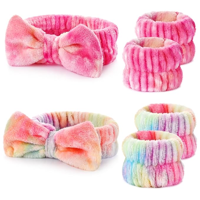 6PCS Spa Headband and Wristband Set for Face Washing, Soft Microfiber Skincare Hairband with Bow, Soft Absorbent Wrist Towels for Women Girls, For Makeup, Facial, Shower, Yoga