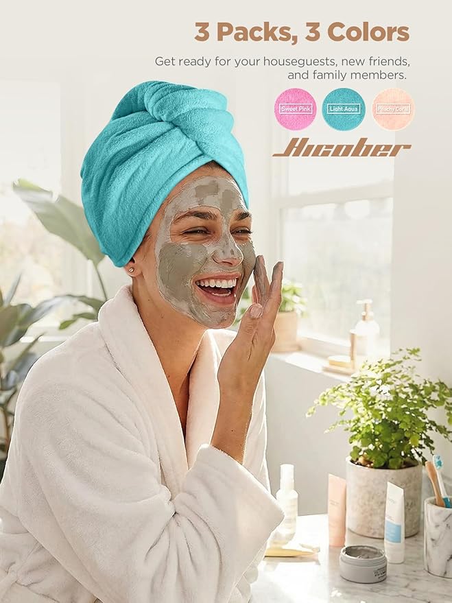 Hicober Microfiber Hair Towel, 3 Packs Hair Turbans for Wet Hair, Drying Hair Wrap Towels for Curly Hair Women Anti Frizz (Light Aqua,Peachy Coral, Sweet Pink)