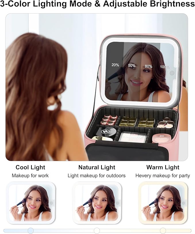 Relavel Makeup Bag with LED Mirror, Small Travel Makeup Case with Rechargeable Lighted Mirror 3 Color Lights, Double Layer Cosmetic Box Makeup Brush Lipstick Holder Organizer for Women, Pink