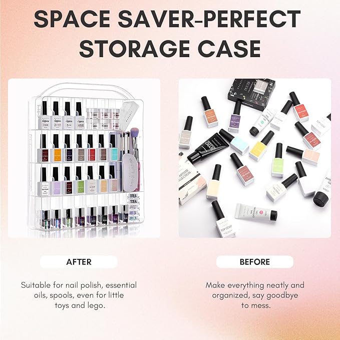 Makartt Gel Nail Polish Organizer, Clear Storage Case Holder for 60 Bottles, Large Compartment, Space-Saving, Travel Carry, Colors Display
