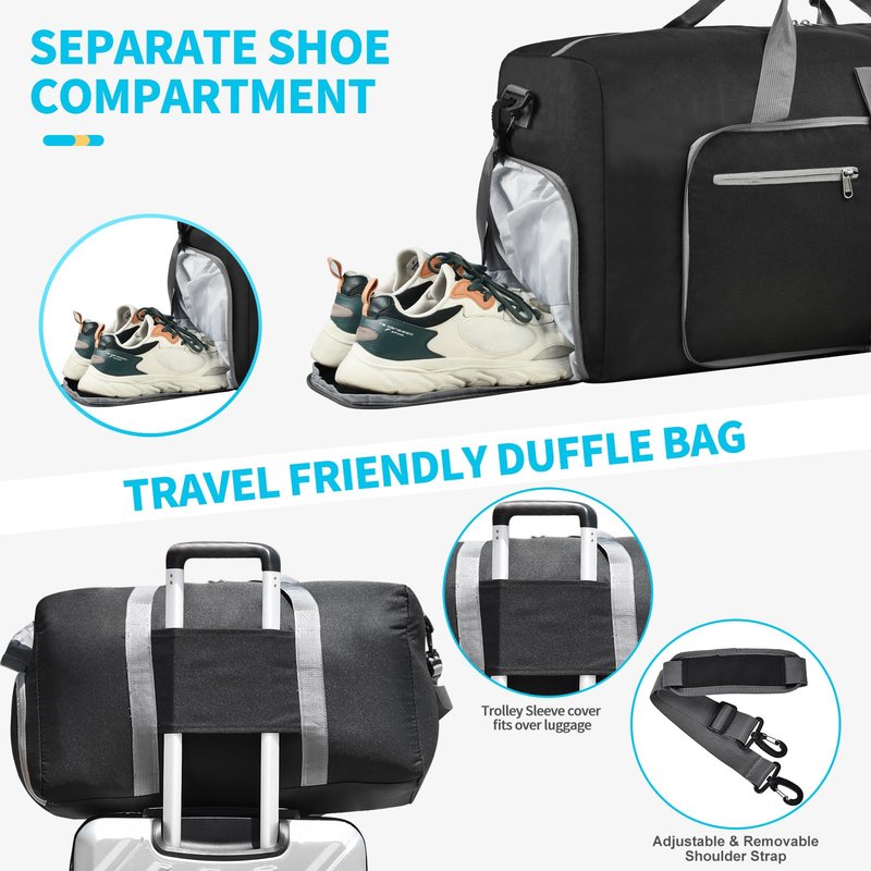 Felipe Varela 65L Duffle Bag with Shoes Compartment, Foldable Waterproof Travel Duffel Bags Duffle Overnight Weekend Travel Gym Bag for Men Women(Black)
