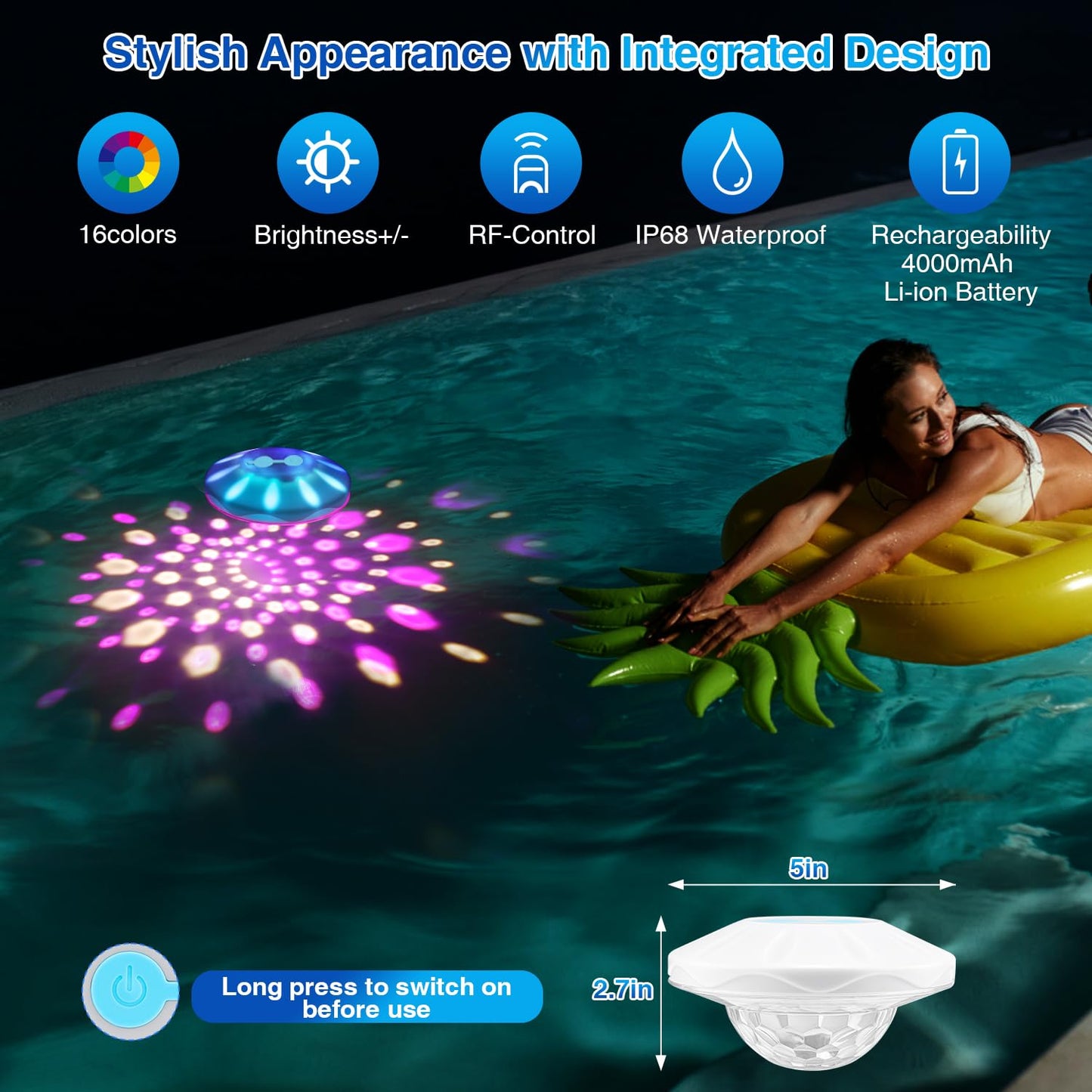 Floating Pool Lights(4 PACK), Pool Lights for Inground Pools with 6 Dynamic Lighting Effects, Rechargeable IP68 Waterproof RGB Upper and Lower Color Changing Pool Lights that Float for Hot Tubs