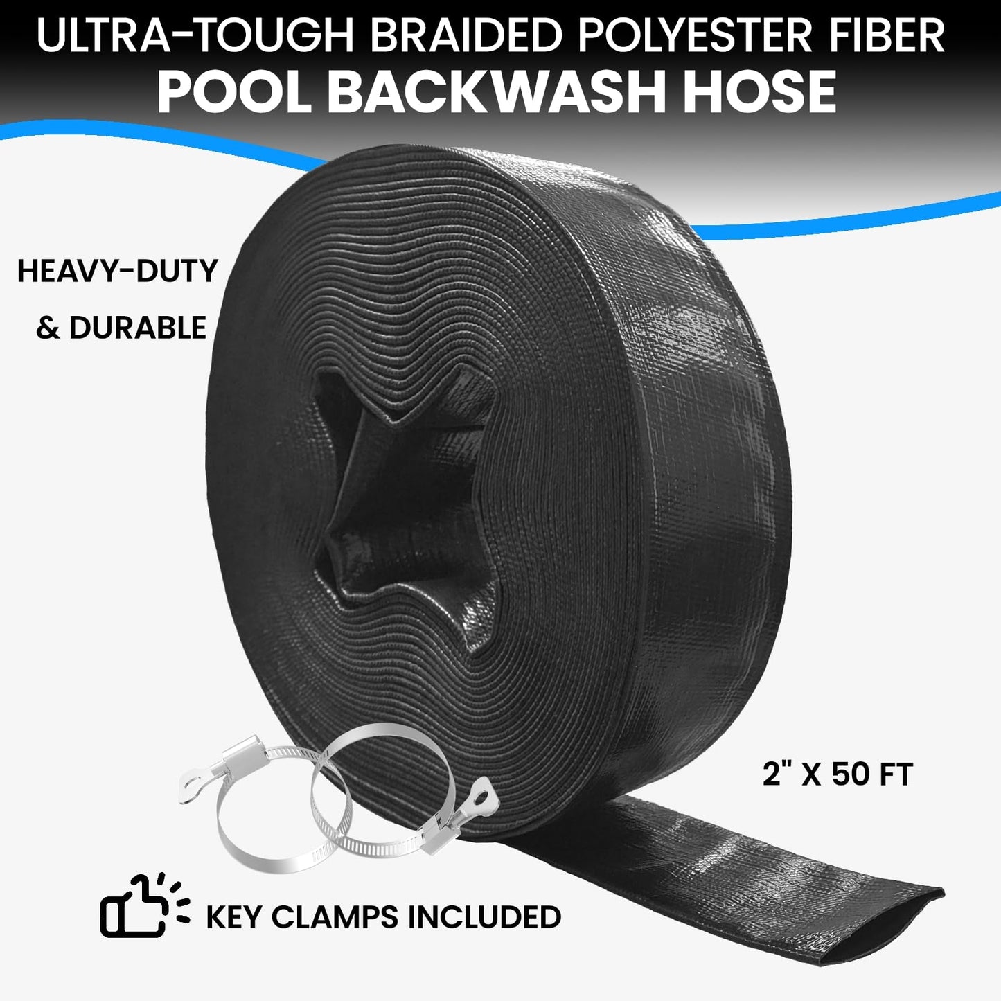 Poolvio Backwash Hose 2" x 50 ft, Heavy-Duty Lay-Flat Reinforced PVC Discharge Hose with 2 Stainless Steel Thumb Screw Clamps, Leak-Resistant for Inground & Above-Ground Pool Filters