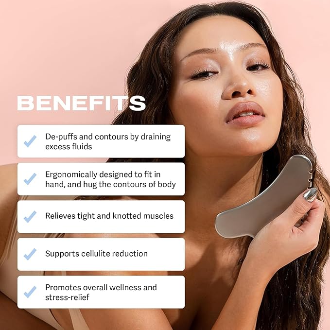 Sacheu Stainless Steel Body Gua Sha Tool for Face — Muscle Scraper Fascia Massage Tools for Deep Tissue and Plantar Fasciitis, Durable Body Sculpting Metal Gua Sha with Travel Pouch