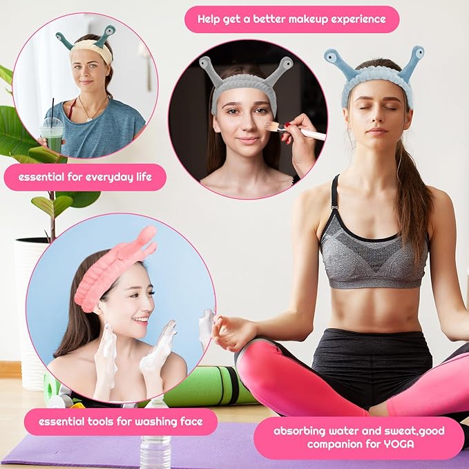 DragonflyDreams 4 Packs Snail Head Bands, Headband for Washing Face, Snail Spa Hair Bands Skincare Makeup Headbands Women Cartoon Cute Coral Fleece Elastic Headband Creative Hair Accessories for Women