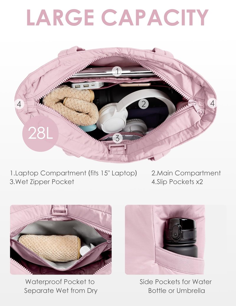 EASYSO Tote Bag for Women,Puffer Travel Tote Bags with Zipper, Quilted Handbag with Compartments for Travel Work Sport, Pink