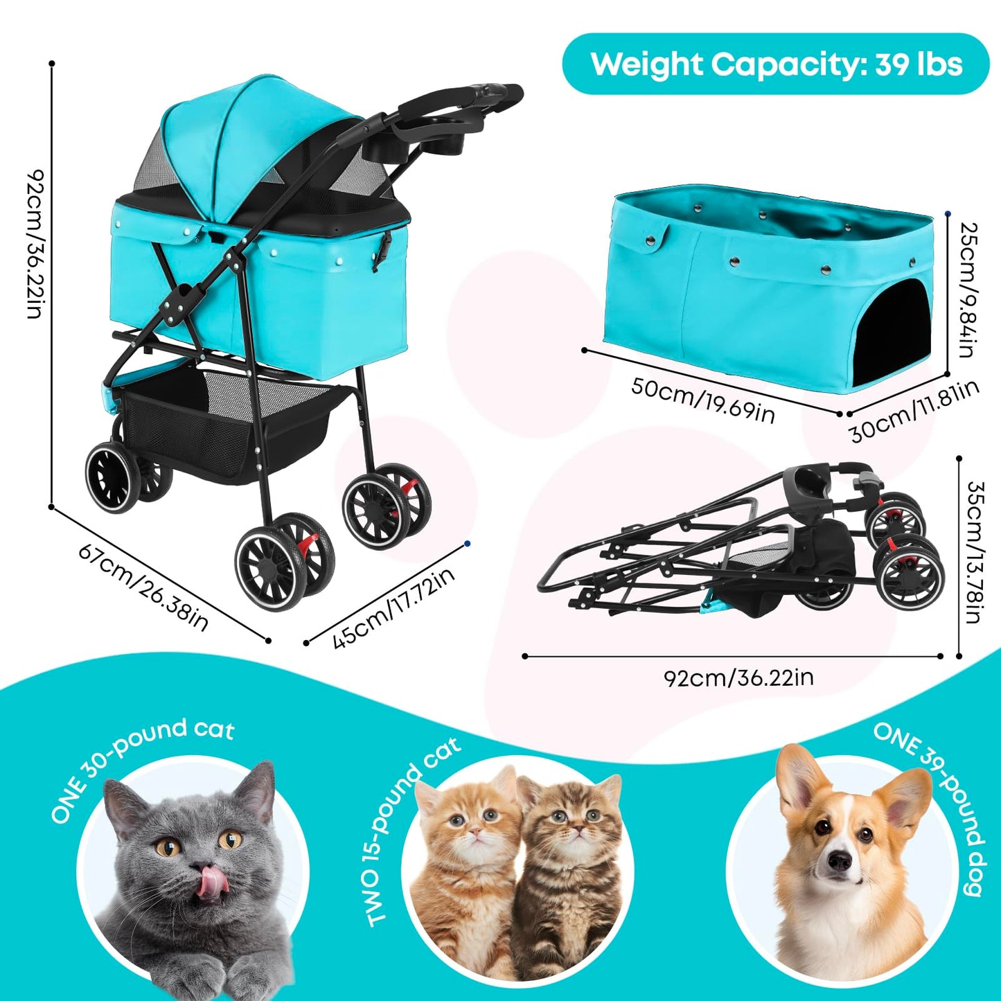 Pet Stroller,Dog Stroller for Small Medium Dogs Cats,3 Wheels,Foldable,with Breathable Mesh Canopy,Cup Holders,Easy Assembly,Mint Green