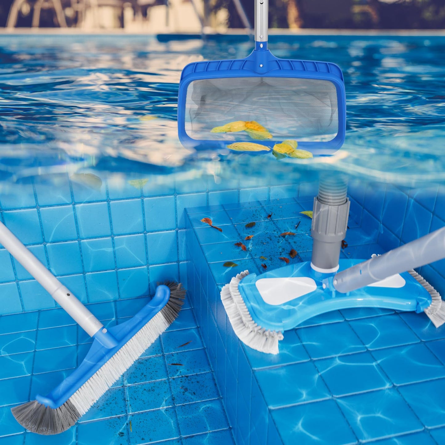 3-in-1 TidyMister Pool Cleaning Kit – Deep Grabber Pool Net, 17.5" Scrub Brush,Weighted Vacuum Head for Leaves, Algae & Debris | Essential Cleaning Set for Above Ground, Inground Pools, Spa, Hot Tub