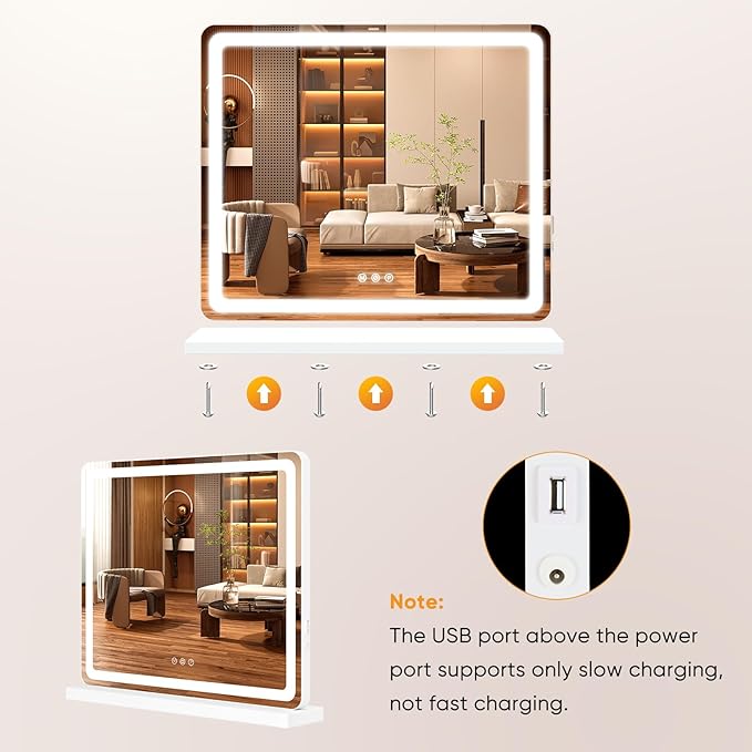 DUMOS 19"x22" LED Vanity Mirror with Lights, Dimmable 3 Color Modes Makeup Mirror with Memory Function, USB Charging, Aluminum Frame, Lighted Mirror for Desk or Bedroom