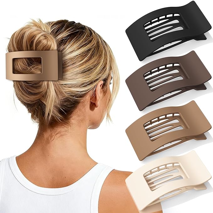 4 PCS Flat Hair Clips for Women Girls, French Rectangle Lay Down Claw Clips for Thick Thin Hair, Comfortable Curved Large Flat Clips, Matte Non-slip Strong Hold Square Hair Accessories, Brown