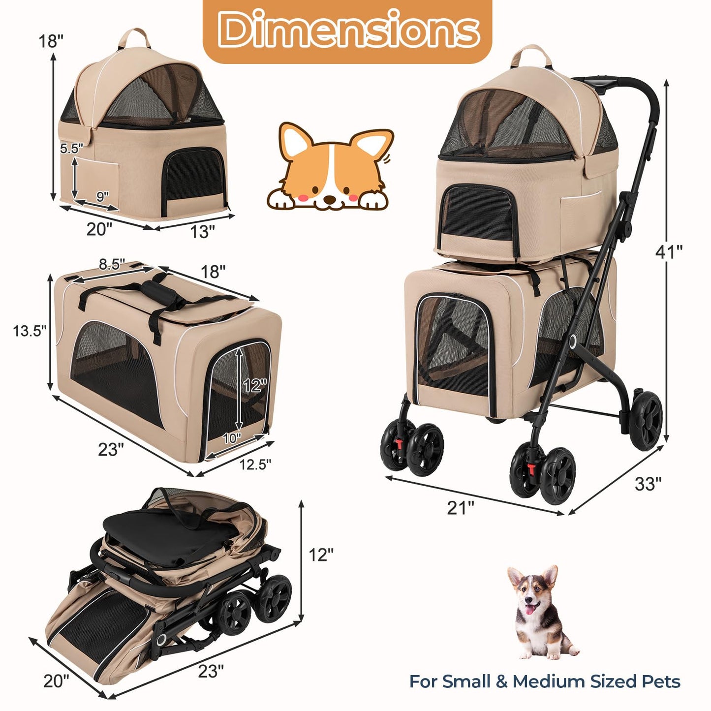 HAPPAWS 4-in-1 Double Pet Stroller with 2 Detachable Carriers, Foldable Dog Cat Travel Stroller for Small Medium Pets, Travel Cat Bag with Safety Belt & Lockable Wheels, Beige