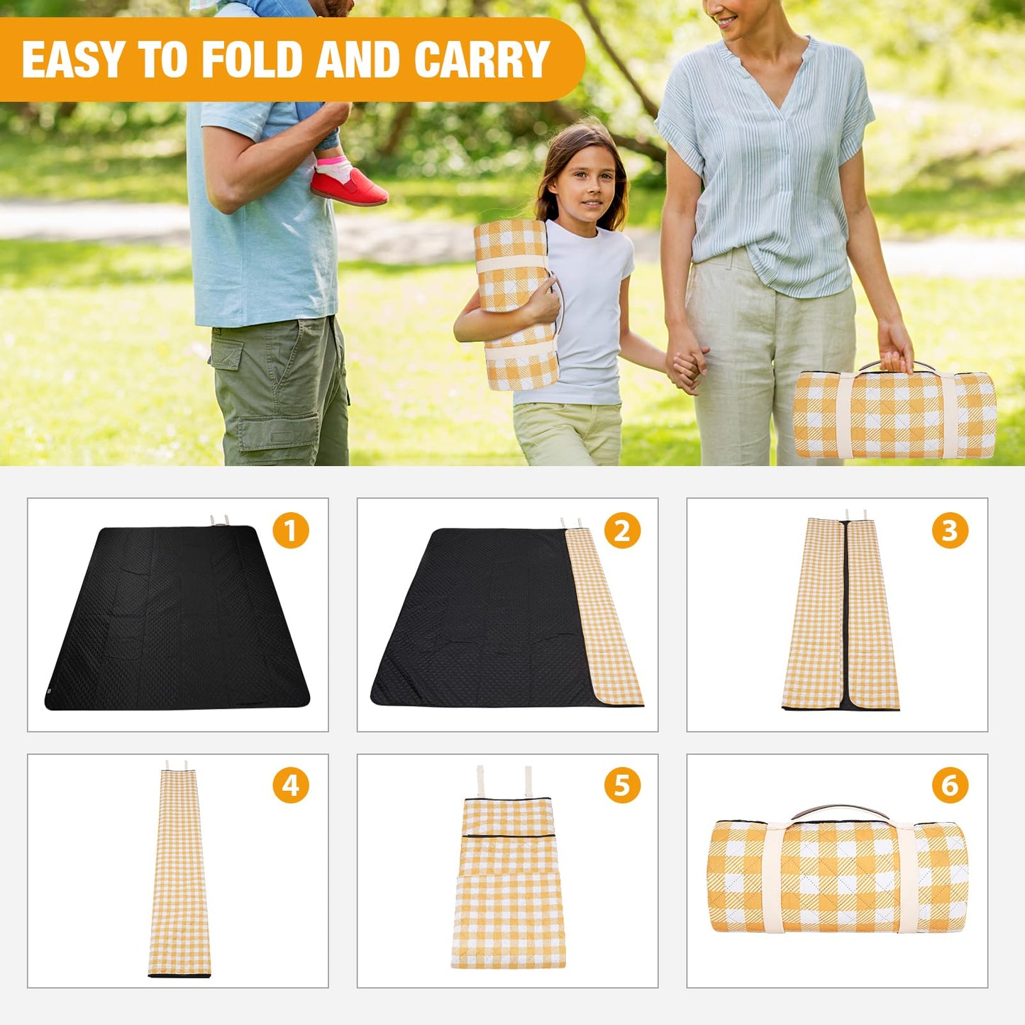 G GOOD GAIN Picnic Blankets Outdoor Extra Large - 80"x80" Portable Waterproof Picnic Blanket, Machine Washable 3-Layer Foldable Park Mat with Sandproof Backing for Grass, Hiking, Travel (Yellow)