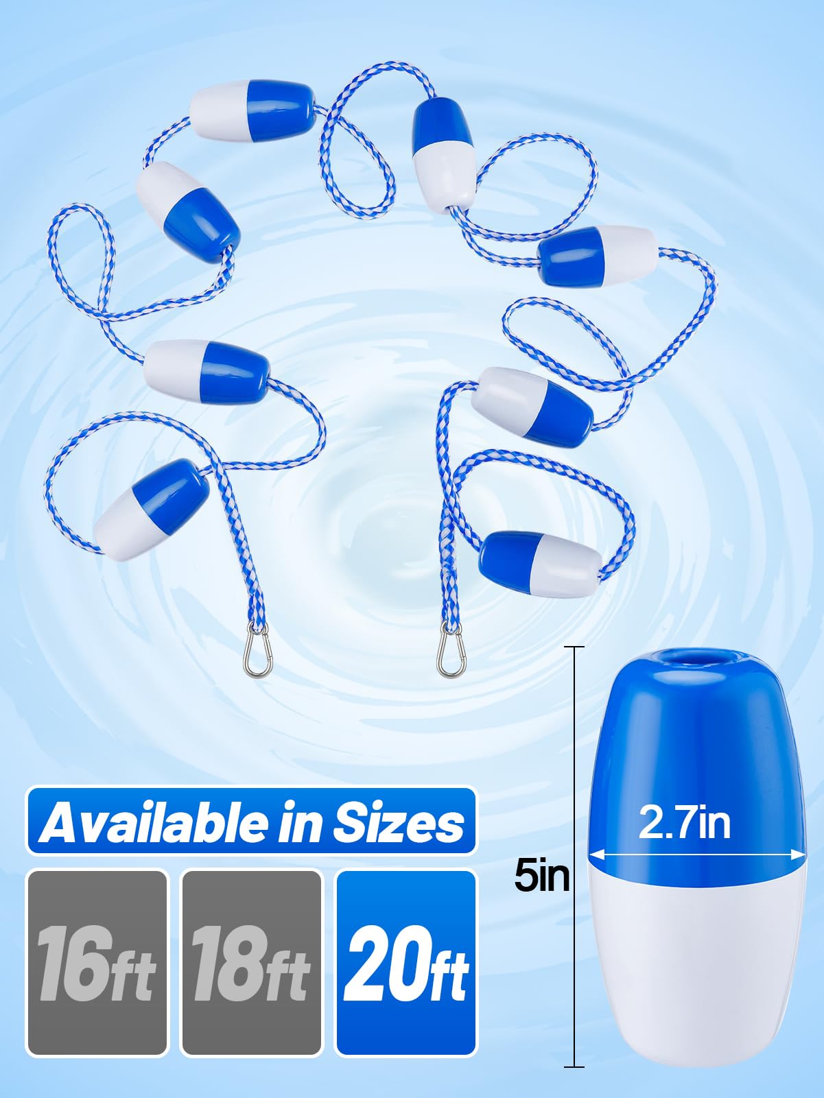 Aulock 20Ft Pool Safety Rope with Floats - Effective Visibility Floating Pool Rope Divider Barrier with Pre-Assembled Stainless Steel Hooks for Indoor and Outdoor Swimming Pools Separating Depth