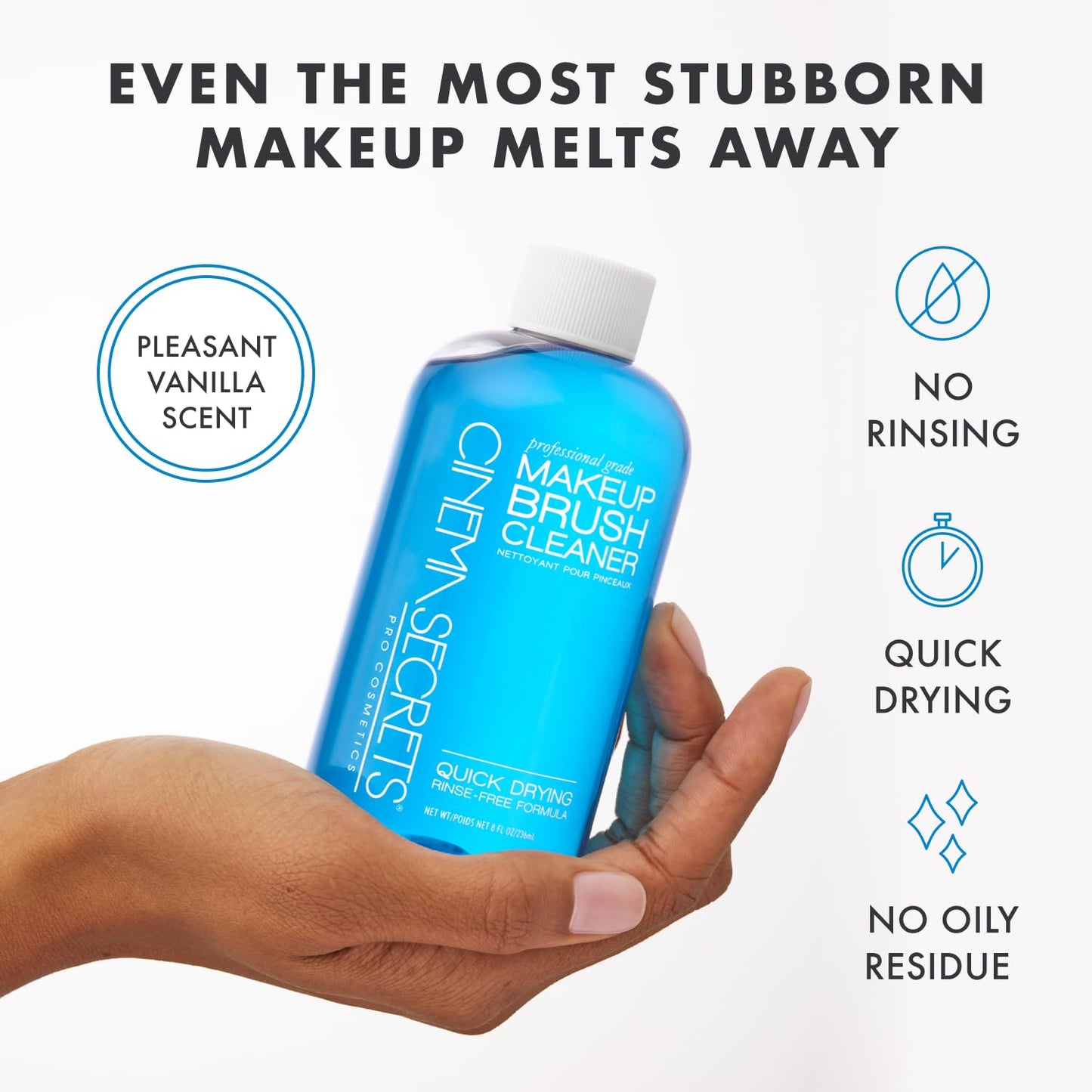 Cinema Secrets Original Blue Vanilla Makeup Brush Cleaner Solution - Professional Cleanser for Makeup Brushes - Quick-Drying, Rinse-Free Formula - Removes Stubborn Waterproof Make Up (8 fl oz)