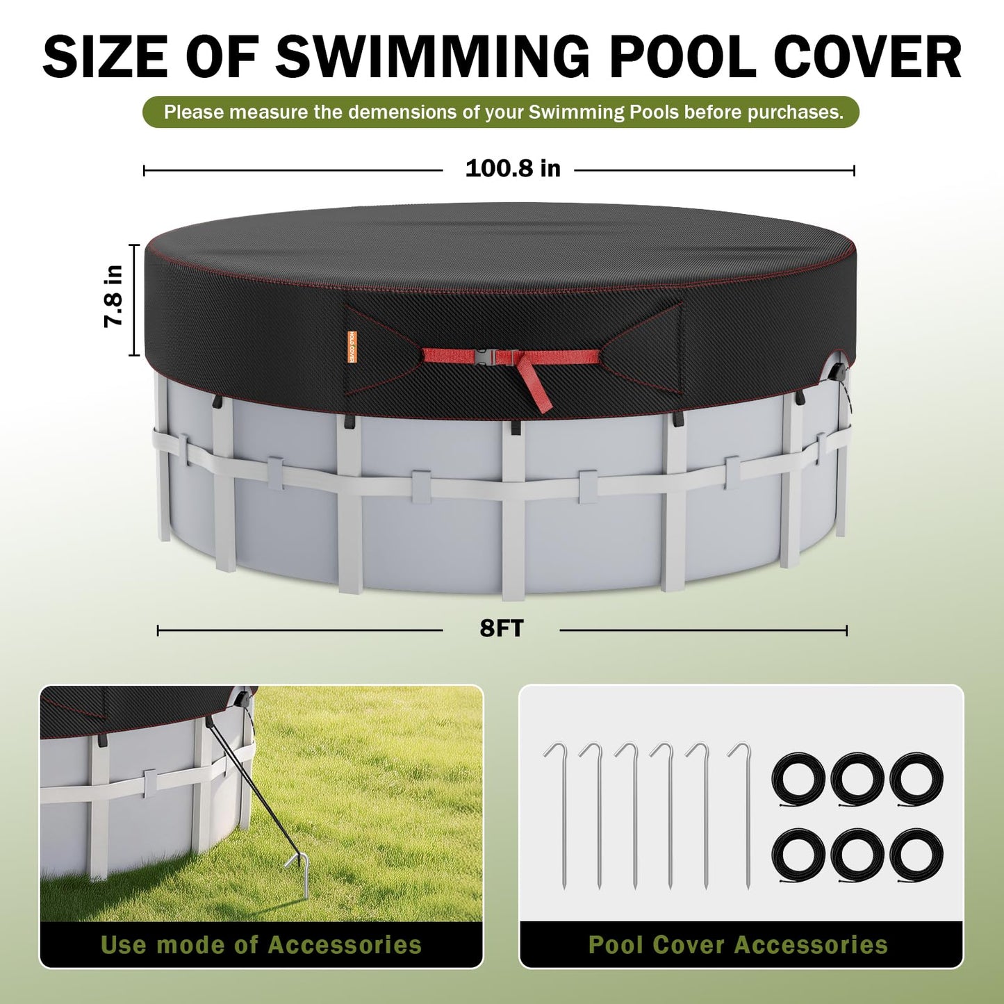 8 Ft Round Pool Cover, Solar Covers for Above Ground Pools, Stock Tank Pool Protector with Tightening Ratchet, Swimming Pool Cover Ideal for Waterproof and Dustproof