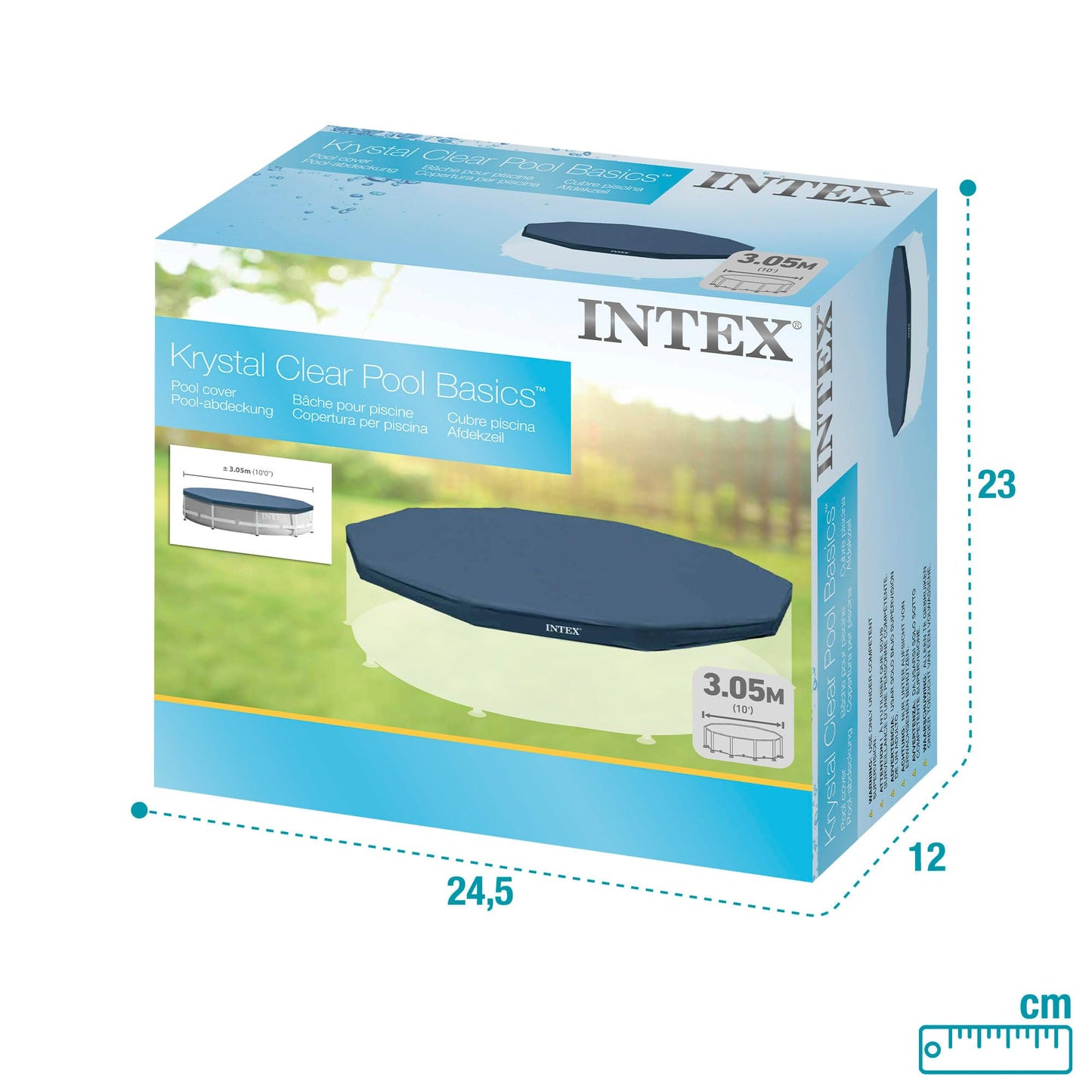 INTEX 28030E Pool Cover: For 10ft Round Metal Frame Pools – Includes Rope Tie – Drain Holes – 10in Overhang – Snug Fit