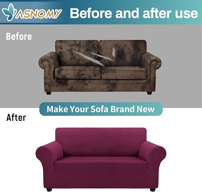 Asnomy Sofa Covers for 2 Cushion Couch Stretch loveseat Covers Slipcovers, Pet Protector Furniture Covers for Dogs Cats Spandex Jacquard Fabric Small Checks （Medium，Wine Red）