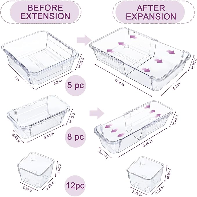 25 Pcs Clear Drawer Organizer, Adjustable Drawer Storage Box, 3-Size Desk Drawer Organizer, Acrylic Storage Bins for Makeup, Cosmetic, Kitchen Utensils, Bedroom Dressers Tool Organizer for Gadgets