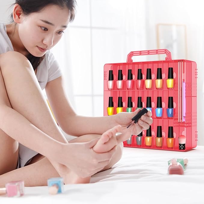 Beloving 2pcs Nail Polish Organizer, Portable 48 Bottles Clear Nail Polish Holder with Adjustable Divider, Gel Nail Polish Storage Double Side Nail Polish Organizer Case for Nail Tech Pink