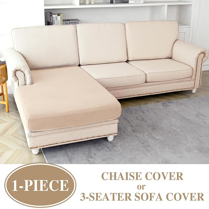 Couch Cushion Cover Chaise Lounge Cover Washable Separate Seat Chaise Couch Cover Stretch Sectional Sofa Slipcover(1 Piece for Chaise or Sofa 3-Seater, Natural)