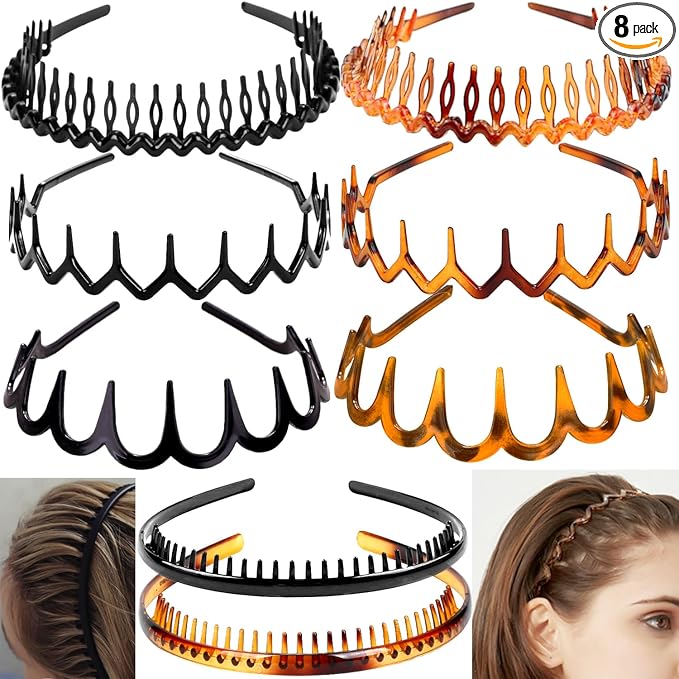 ULTIMUTE 8 PCS Fashion Effortless Plastic Headbands with Teeth Comb Black Skinny Headbands No Slip Hair Accessories Bands for Women Men Teen Girls, Leopard&Bright Black