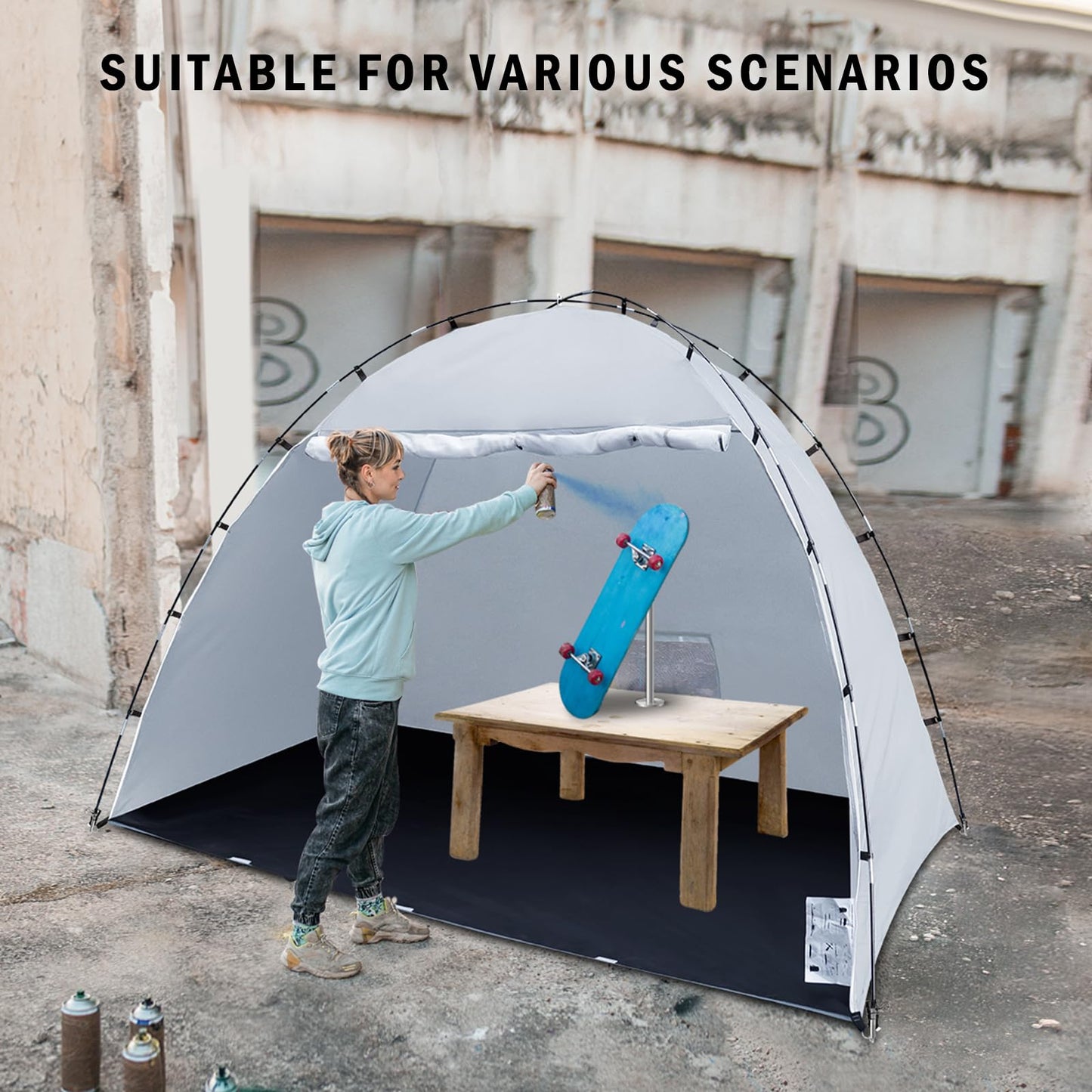 Portable Paint Booth Tent, Siebwin Extra Large 10x6x6.5ft Spray Paint Tent with Built-in Floor & Mesh Screen & Windproof Hooks for Furniture DIY Hobby Tool Spray Paint Shelter, Gray