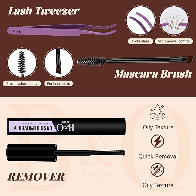 B&Q Brown Velure Lash Clusters Kit Natural Lashes Clusters, Wispy Light Brown Eyelash Cluster Kit C-8-16mm DIY Lash Eyelashes for Fair/Dark Hair, Lightweight & Invisible Band(Mochalash Velure 05 Set)