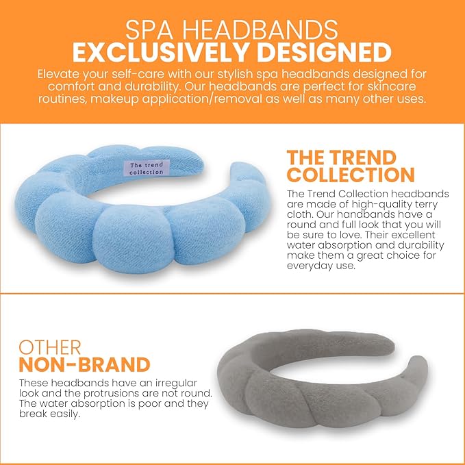 Spa Headbands for Washing Face, Makeup and Skincare. 3 Pc Set of Skin Care Head band with Wristbands. Puffy Terry Cloth, Non Slip Get Ready Hairband for Women, Teens, Girls. Cute Hair Accessories.