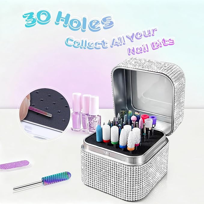 Nail Drill Bit Holder, Dustproof Rhinestones Drill Bit Organizer Case 30 Holes Efile Nail Tech Bits Storage Container Box Manicure Tools E file Accessories Collector for Salon, Travel, Home(Only Box)