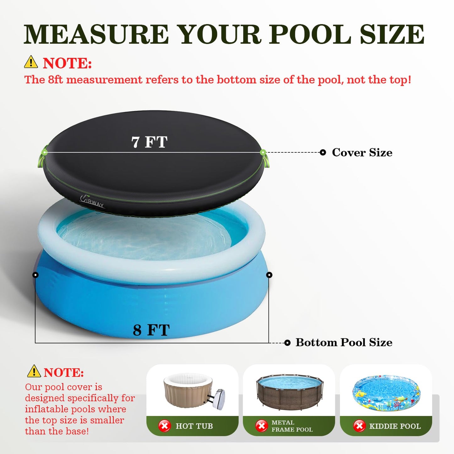 UIRWAY 8FT Round Pool Cover, Inflatable Pool Covers for Above Ground Pools with Elastic Cord - Snug Fit & Easy Set, Outdoor Swimming Pool Cover with 2 Reflective Strip Handles, Black