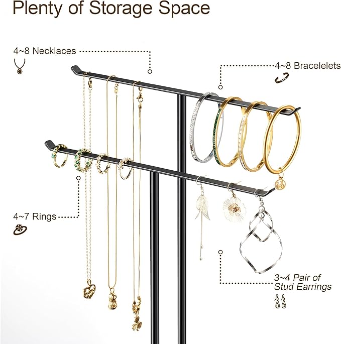 pickpiff Necklace Holder Jewelry Organizer Stand Ã¢ÂÂ 2Ã¢ÂÂTier TÃ¢ÂÂBar Jewelry Display Tree with Tray for Countertop Necklace Bracelet Earring Storage, Vanity Dresser Bathroom Sink, Black