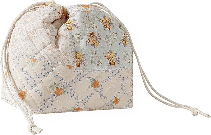 Cotton Quilted Drawstring Makeup Bag with Canvas Lining,Coquette Aesthetic Cute Travel Toiletry Bag,Drawstring Gift Bag for Women and Girls（08Pink Flower）