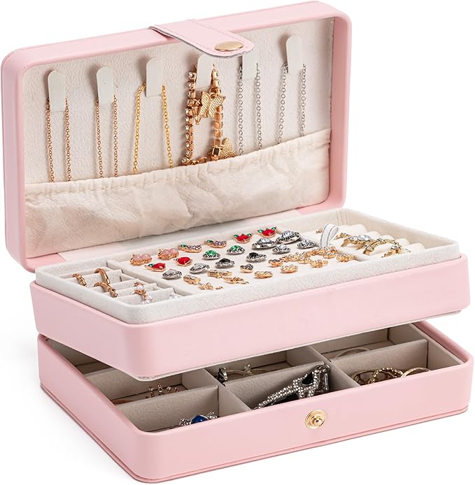 MODENGKONGJIAN Jewelry Organizer Box, 2-Layer Large Jewelry Storage Case, Portable Travel Jewelrys Display Holder for Earrings, Necklaces, Bracelets (Pink, PU Leather)