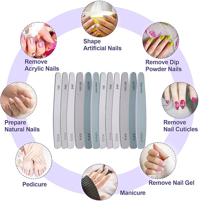 Nail File and Buffer Set (12 Pcs), Professional Nail File Kit for Acrylic and Natural Nails, Soft Nail Filer Gel Nail Files buffers Filing Emery Board 100/150/180/220/240/280/1000/4000 Grit