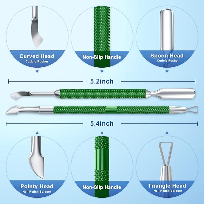 GA&EN 2PCS Metal Dark Green Cuticle Pusher and Cutter Remover Salon Quality Stainless Steel Gel Nail Polish Romover Pens Peeler Scraper Durable Manicure and Pedicure Cleaner Tool For Fingernail