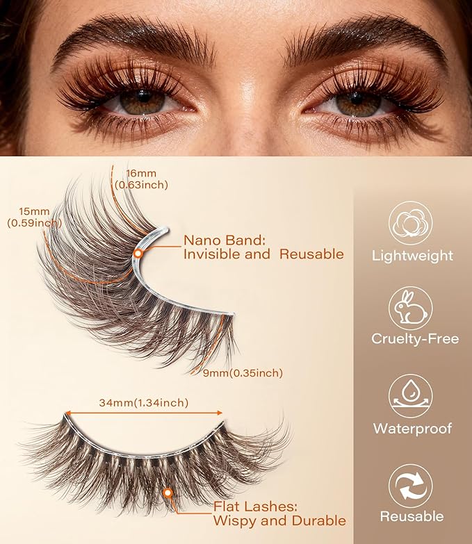 DYSILK Brown Wispy Lashes 5 Pairs, 16mm Cat Eye Eyelashes Natural & Fluffy, Faux Mink Lashes with Ultra Thin Invisible Band for Everyday Luxury, Reusable & Beginner-Friendly (Brown-01)