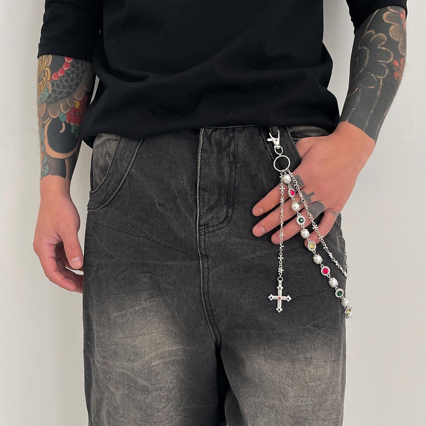 Fashion Layered Pants Wallet Chains - Exquisite Gold Silver Rhinestone Flower Pearl Jean Pocket Chain for Women Men Cute Bag Purse Charms Jewelry (silver link round)