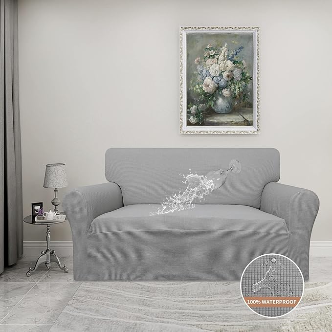 Easy-Going 100% Waterproof Oversized Loveseat Couch Cover, Dual Waterproof Sofa Cover, Stretch Jacquard Sofa Slipcover, Leakproof Furniture Protector for Kids, Pets, Dog and Cat, Light Gray