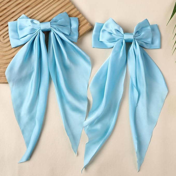 2PCS Big Hair Bow Clips for Women Girls Ã¢ÂÂ Light Blue Satin Ribbon Bow Barrettes with Long Tails, Large Pastel Hair Accessories for Ponytail, Spring & Casual Styling