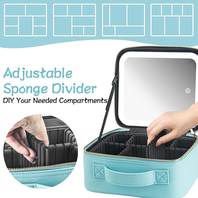 Makeup Travel Train Case with Mirror LED Light 3 Adjustable Brightness Large Cosmetic Bag Portable Storage Adjustable Partition Waterproof Makeup Brushes Make up Jewelry Gift for Women