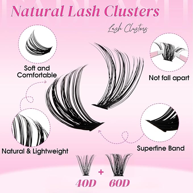 FADLASH Lash Clusters Natural Eyelash Clusters 40D+60D Wispy Lash Extensions 8-16mm D Curl Eyelash Extension DIY at Home (40D+60D, 2 Pack)