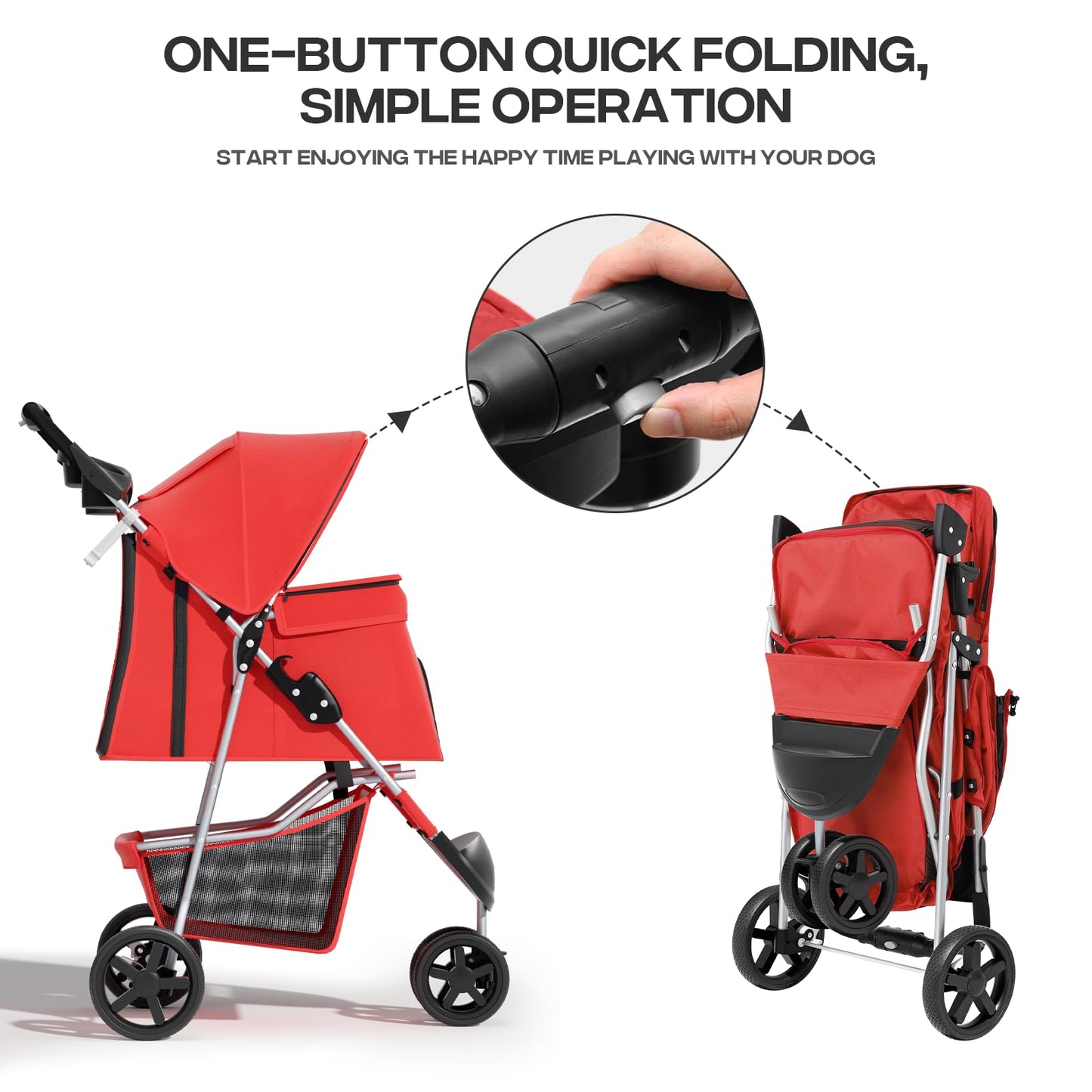 Pet Stroller for Small Dogs 10 lbs, Dog Stroller for Medium Dogs 30 lbs, Cat Strollers for 2 Cats, 3 Wheels Foldable Jogger Puppy Stroller with Storage Basket and Cup Holder, Red