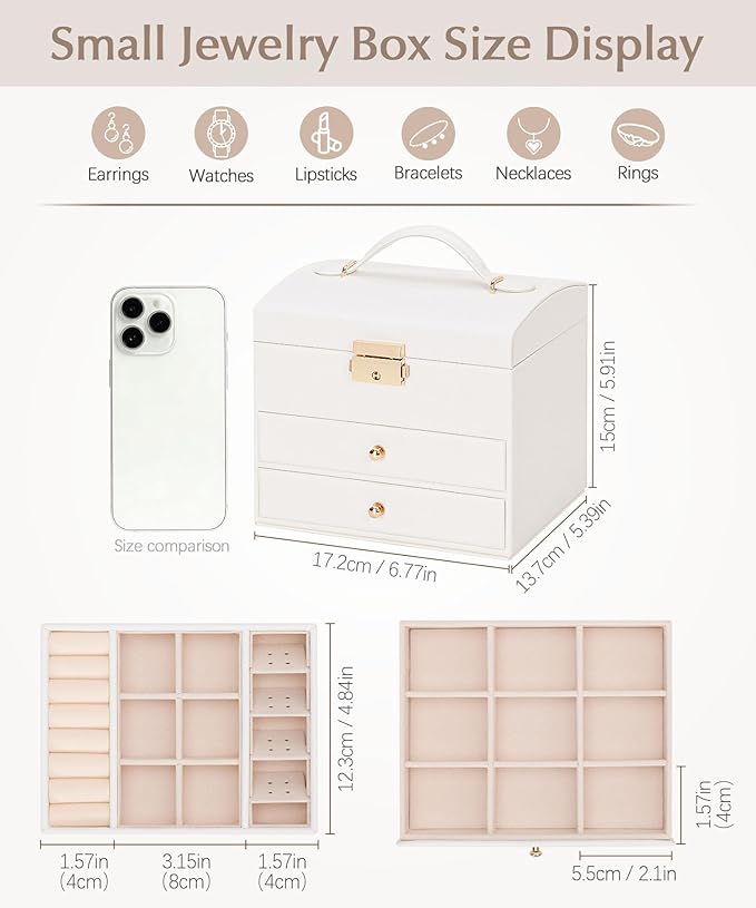 Homde Girls Jewelry Box with Lock: 3 Layer Organizer with Removable Tray - Storage for Ring Necklace Earring - Birthday & Return Gifts for Young Women (Cloud White)