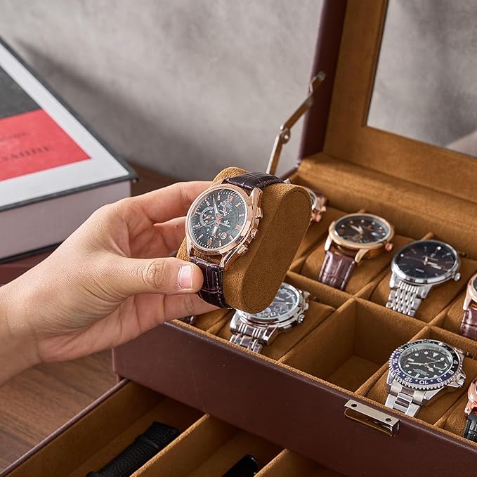 ProCase Watch Box, 14 Slot Mens Watch Case With Drawer, 2-Layer Watch Display Case With Glass Lid, Mens Jewelry Box Storage Holder Organizer, Birthday Valentine Gifts for Men -14Slot, Espresso